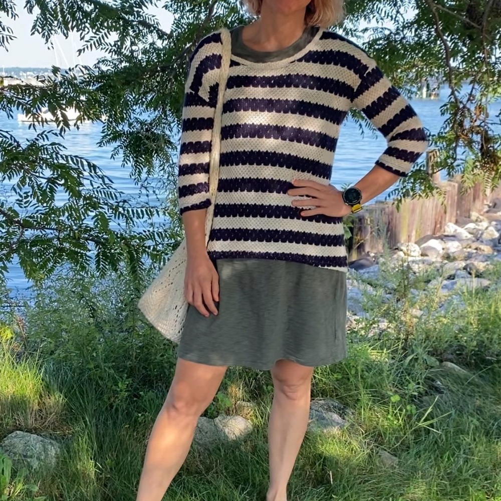 Maison Jules Navy & White Open-Knit Sweater Top with Tie Detail